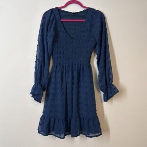 Navy Swiss Dot Chiffon Babydoll Mini Dress‎ Smocked V Neck Small Cottagecore